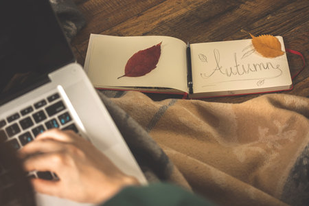 Young girl using laptop in autumn holidays, cozy home composition background, with notepad and autumn leavesの写真素材