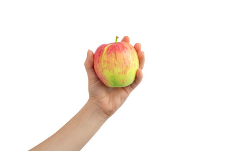 Hand holding red apple isolated on a white background