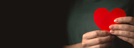 Concept of giving love. Young woman hands holding red heart on her chest background. Banner with copy spaceの写真素材