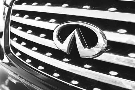 Kharkov, Ukraine - September 13, 2021: Infiniti brand logo on a black car background, emblem, symbol close-upのeditorial素材