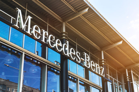 Kharkov, Ukraine - September 13, 2021: Mercedes-Benz brand logo on a building, emblem, symbol...