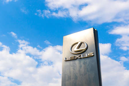 Kharkov, Ukraine - September 13, 2021: Lexus brand logo on blue sky background, emblem, symbol close-upのeditorial素材