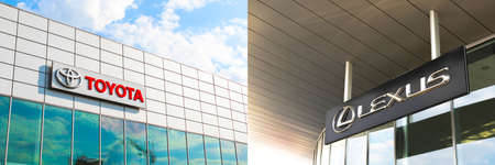 Kharkov, Ukraine - September 13, 2021: Toyota and Lexus car brand logo banner, dealership building background photoのeditorial素材