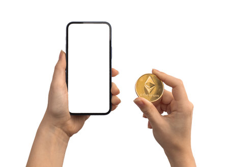 Financial payment with ethereum ETH and mobile phone, blank white screen mockup, hands with...