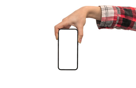 Female hand with smartphone mockup, isolated on a white background