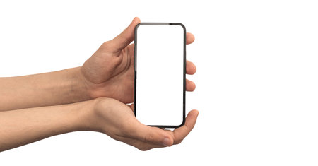 Man holding smartphone mockup screen, blank white screen, isolated on a white background