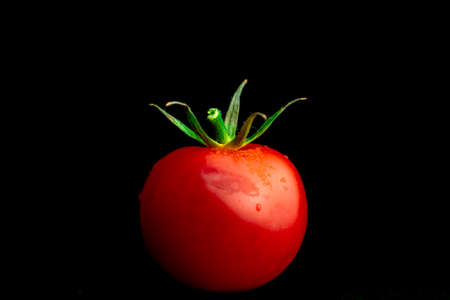 Close-up to cherry tomatoes with water droplets on a black background. Cooking, healthy eating concept photoの写真素材
