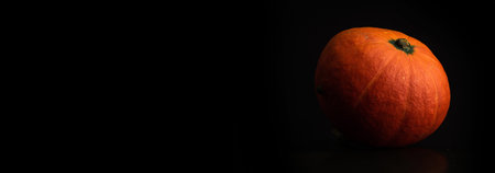 Autumn Hokkaido Pumpkin on a black banner background with copy space. Fresh vegetable food conceptの写真素材