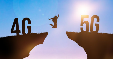 Technology change from 4G LTE to 5G, global wireless network. Silhouette man jumping from cliff to cliff on sky background. Modern networking conceptの写真素材