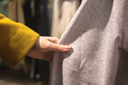 Woman touch the clothes fabric material and choosing new clothes. Fashion store and shopping...