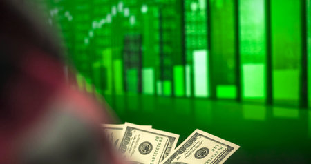 Trade with US money background with copy space. Candlestick stock chart, forex trading conceptの写真素材