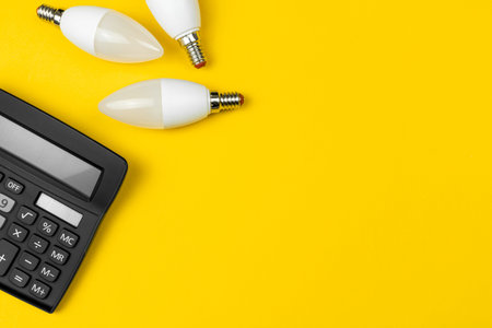 Saving energy idea. LED light bulbs and calculator for calculate energy efficiency, accounting...