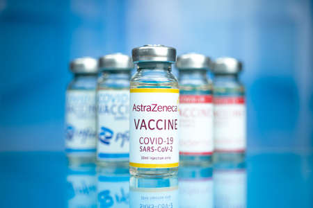 Kharkov, Ukraine - November 3, 2021: AstraZeneca COVID-19 vaccine, hospital background. Immunization concept photoのeditorial素材