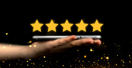 Customer review. Satisfaction, feedback survey background. User give rating, online appliaction or...