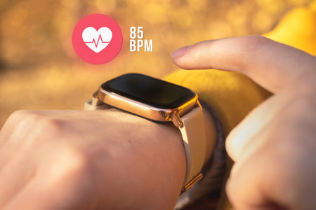 Smart watch with heart rate icon, healthcare concept photo. Woman measuring heart rate outdoorsの写真素材