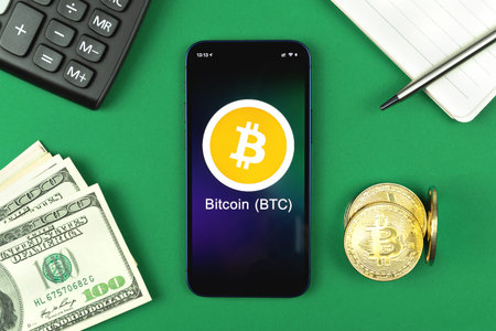 Bitcoin BTC symbol. Trade with cryptocurrency, digital and virtual money, banking with mobile phone...