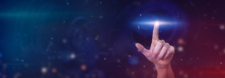 Hand touching the metaverse, banner. Internet digital transformation, next generation of technology...