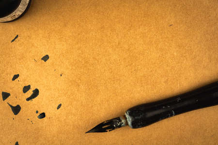 Vintage love letter paper texture background with inkwell. Postcard and greeting card conceptの写真素材