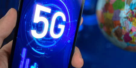 5G network for mobile phone. Global wireless networks, new generation technology backgroundの写真素材