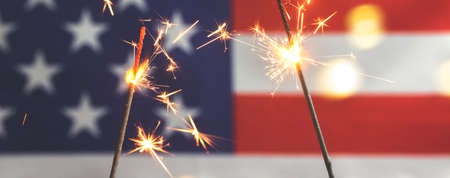 American flag and sparklers, banner. USA, 4th of July celebration backgroundの写真素材