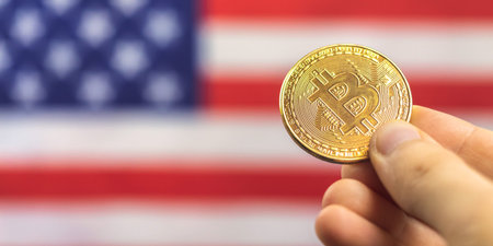 Hand with bitcoin and USA flag on background, banner. Cryptocurrency and United States of America conceptの写真素材