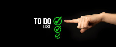 To do list concept. Checklist boxes with green marking on a black background with woman hand, banner