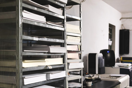 Printing house warehouse and metal shelf with paper. Working process, printing indutry concept photo