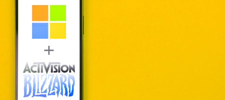 Kharkov, Ukraine - January 19, 2021: Microsoft and Activision Blizzard logo on smartphone screen....