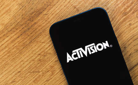 Kharkov, Ukraine - January 19, 2021: Activision  closeup, business office wooden table backgroundのeditorial素材