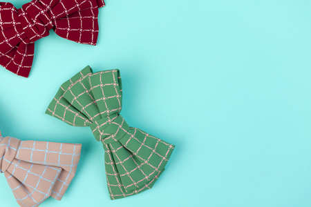 Cute hair bows on a bright background, flat lay, top view. woman and girl fashion conceptの写真素材
