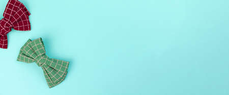Cute hair bows on a bright background, banner flat lay, top view. woman and girl fashion conceptの写真素材