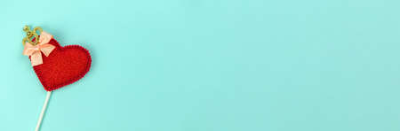 Valentines Day flat lay banner background with red heart decoration. Greeting concept, love wedding design, copy spaceの写真素材