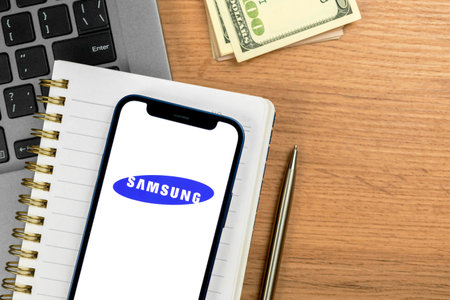 Kharkov, Ukraine - January 28, 2021: Samsung . Business and office table background with laptop and...