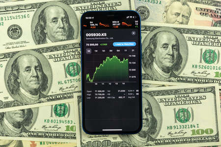 Kharkov, Ukraine - January 28, 2022: Samsung stock trade business background. Samsung Electronics, Korean company finance and industry concept photoのeditorial素材