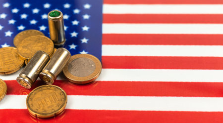 Gun bullets and money over the American flag. Criminal and corruption united states of america...