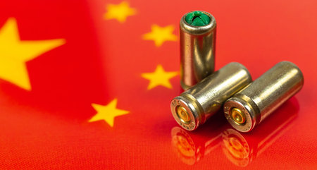 Gun bullets over the China flag, banner. Criminal and corruption concept. Outlaw, ghetto, social...