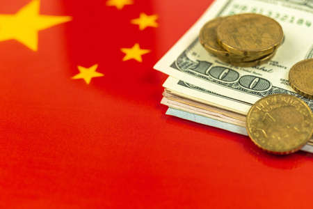 Money over the China flag. Criminal and corruption concept. Outlaw, ghetto and social problem backgroundの写真素材