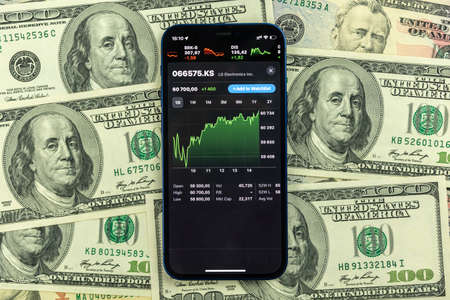 Kharkov, Ukraine - January 28, 2021: LG Electronics stock trading background. Business with money, modern industry conceptのeditorial素材