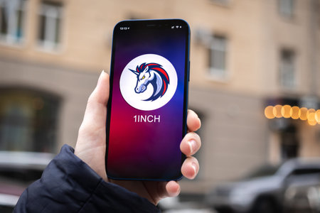 Kharkov, Ukraine - February 2, 2022: 1INCH symbol. Trade with cryptocurrency, digital and virtual...
