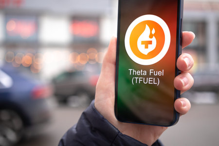Kharkov, Ukraine - February 2, 2022: Theta Fuel coin symbol. Trade with cryptocurrency, digital and...
