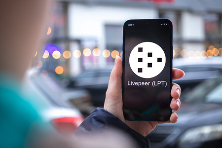 Kharkov, Ukraine - February 2, 2022: Livepeer LPT coin symbol. Trade with cryptocurrency, digital...