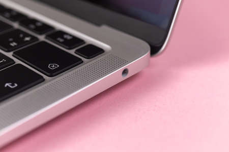 Laptop headphone jack close-up. Modern 3.5mm jack connection. technology backgroundの写真素材