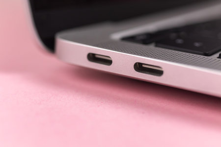 Laptop USB Type-C ports close-up, modern USB-C. Communication peripheral concept