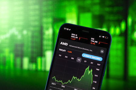 Kharkov, Ukraine - January 28, 2021: AMD logo on green stock chart background. business company...