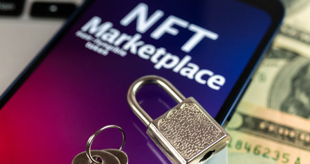 Blocking NFT marketplace. Ban for non fungible token concept. NFT with padlock and money background,...