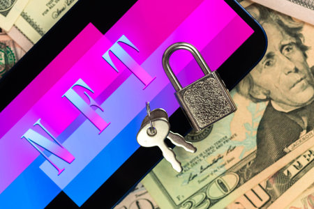 Blocking NFT technology. Ban for non fungible token concept. NFT with padlock and money background,...
