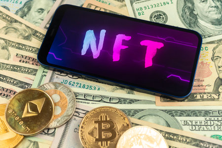 Make money with NFT non fungible token. Future of crypto art and cryptocurrencies. golden coin on dollar bills background photoの写真素材