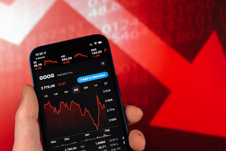 Kharkov, Ukraine - February 11, 2022: Saudi Aramco stock trade on red chart. Arabian oil company, gas industry. finance market backgroundのeditorial素材