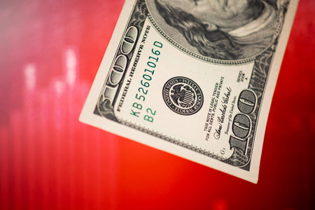 US dollar currency laundering and red stock market chart concept. Illegal and crime corruption...