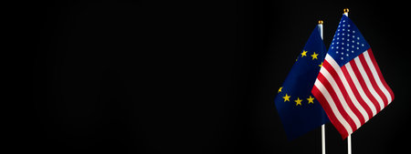 USA and Europe EU flag. Conflict, world crisis and war concept. Sanctions pressure in politics. black backgroundの写真素材
